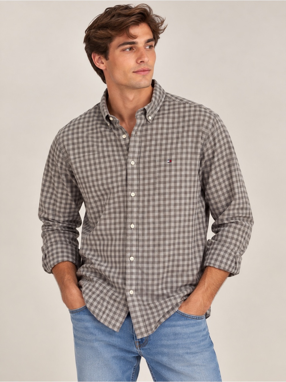 Tommy Hilfiger Gray Gingham Classic Fit Button Down Shirt Men’s M